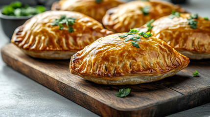 Golden-baked empanadas arranged on a rustic wooden board, showcasing a warm, inviting atmosphere, symbolizing homemade comfort, tradition, and culinary craftsmanship
