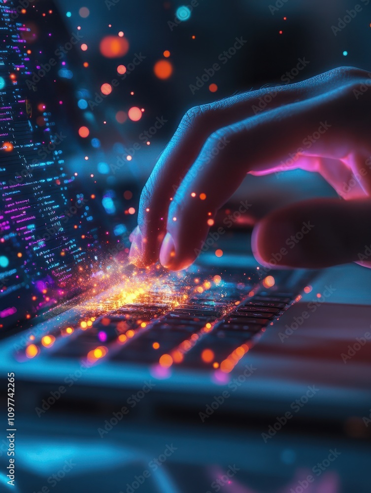 Poster close up of hand using laptop with glowing 5g internet hologram. connection and communication concep