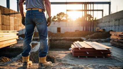 Fototapeta premium Construction worker overlooking building site at sunset in rural area