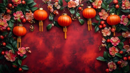 Fototapeta premium Red lanterns and red flowers create a vibrant scene, ideal for Chinese New Year, festive events, or cultural themed designs