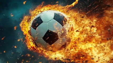 Naklejka premium Flaming soccer ball in mid-air: dynamic sports action illustration for Adobe Stock.