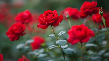 Lush red roses in a garden.