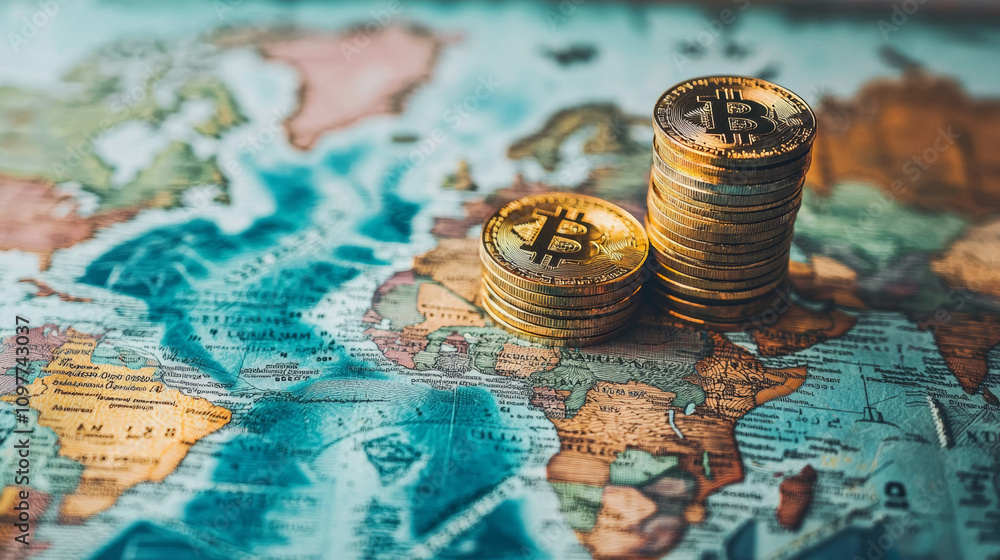 Sticker digital currency stacks on world map, symbolizing global cryptocurrency transactions and cross borde