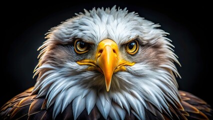 Naklejka premium Close-Up Portrait of an Eagle's Face in Low Light, Capturing Intensity and Detail, Wildlife Photography, Majestic Bird, Nature Close-Up, Dark Background, Eye Focus, Sharp Beak, Stunning Feathers