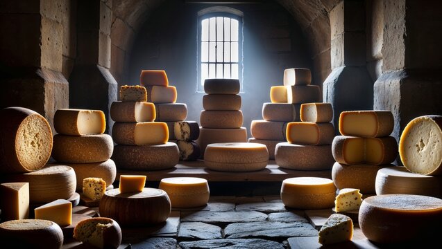 Assorted cheeses arranged in a rustic cellar with natural lighting