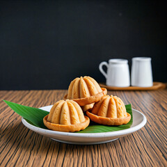 Kuih bahulu, malaysian sponge cake, sitting on a white plate