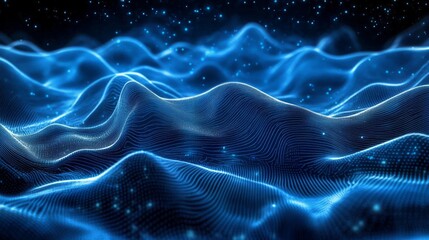 Fototapeta premium Futuristic abstract blue technology background with digital waves, neural network, cyber computing, and artificial particles.