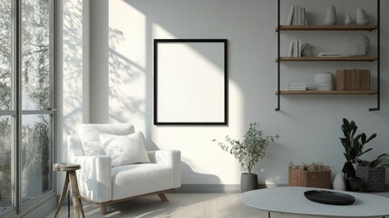 Sunlight streams into a minimalist living room, illuminating a white armchair and a blank frame. The serene atmosphere is enhanced by neutral colors and simple decor.