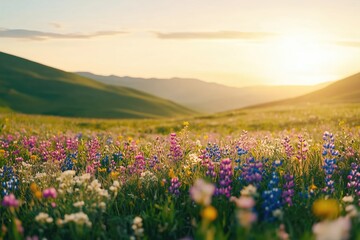 Fototapeta premium Vibrant wildflowers blooming in a sunlit meadow with rolling green hills and a warm golden sunset in the background 