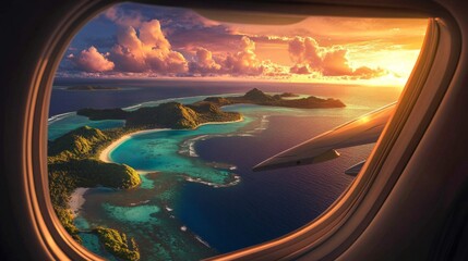 Naklejka premium Tropical Sunset Aerial View: Airplane Wing Over Ocean and Islands - Digital Illustration Seen Through Plane Window