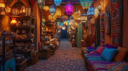 Fototapeta premium Explore the Vibrant Moroccan Lighting Shop in Marrakech Souk Through Colorful Travel Photography