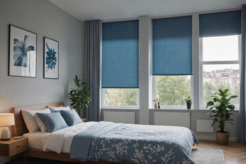 Blue blackout roller blind with pattern prints on windows in stylish modern living room. Shutters on the plastic window.