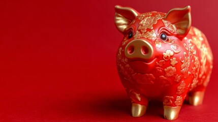 Obraz premium golden pig, solid red background, copy space