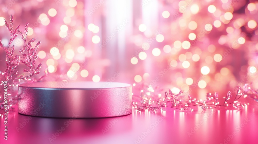 Poster empty silver podium on a light pink background with soft bokeh lights and delicate decorations for m