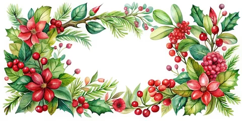  Christmas Watercolor Frame with Green Leaves, Red Flowers, and Berries - Festive Holiday Decor for Invitations, Cards, and Seasonal Designs © kansak01