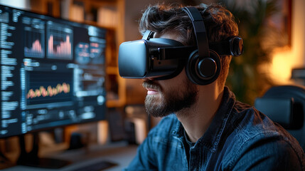 Immersive virtual reality experience with man using VR headset, surrounded by data analytics on screen. Engaging in fintech startup environment