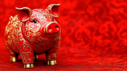 golden pig, solid red background, copy space