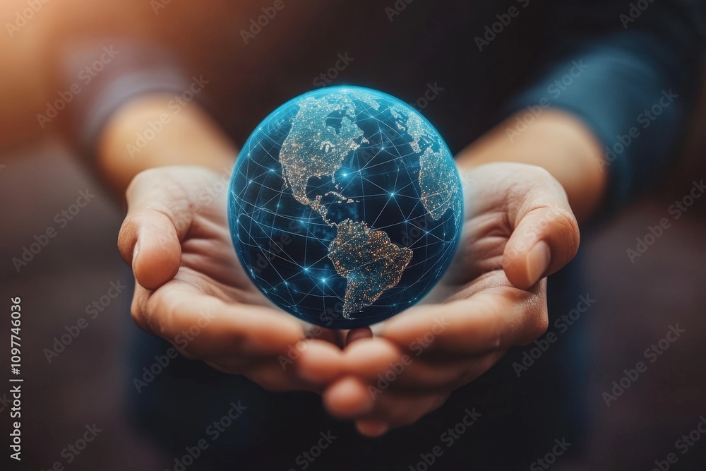 Poster man holding a blue globe representing global connectivity and network with bright connections on ear