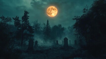 Fototapeta premium arafed view of a cemetery with a full moon in the background