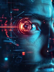 Futuristic modern cyber man with technology screen eye panel concept
