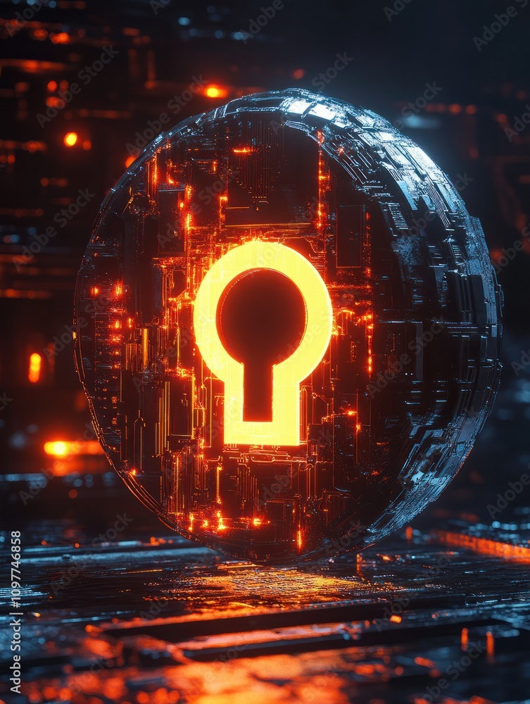 Poster global digital security protection concept with glowing digital shield with keyhole sign in technolo