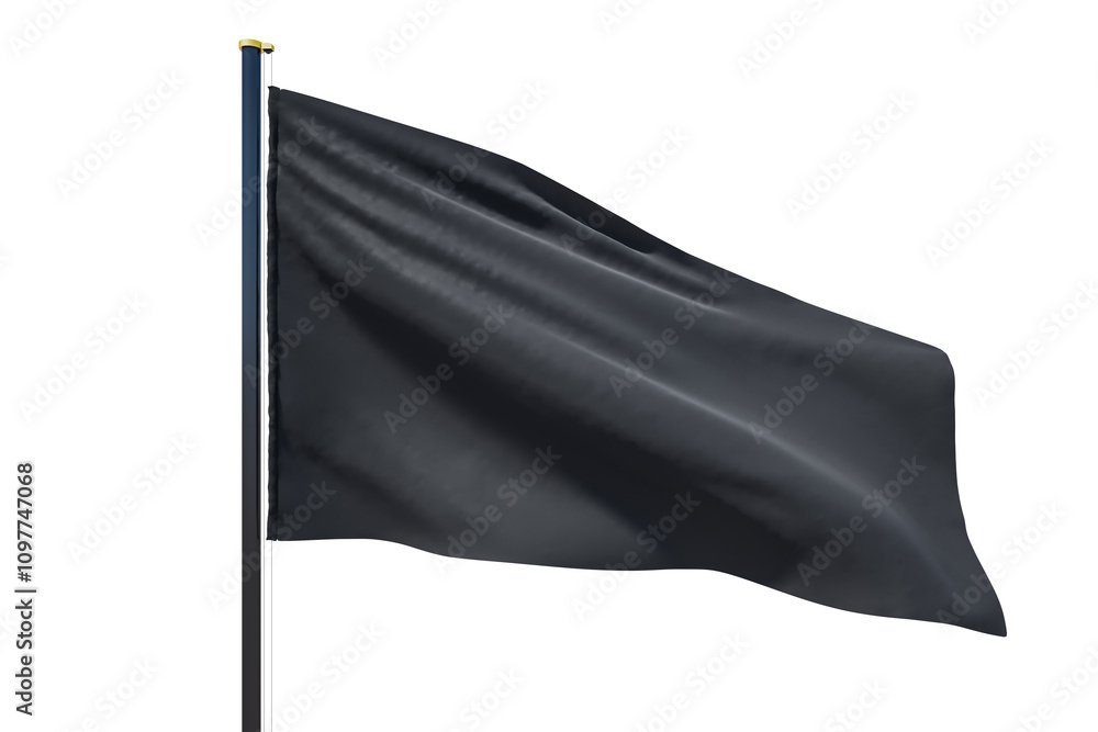 Poster Black flag on a metallic pole, isolated on a white background, clean and minimalistic layout, suitable for design or template concepts. 3D Rendering.