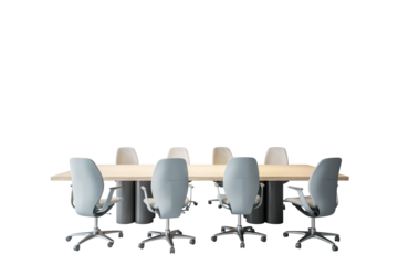 Modern conference table with chairs, isolated, white background, clean layout, interior design concept, workplace or meeting setup. 3D Rendering.