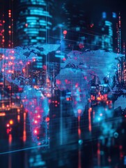 Glowing digital map hologram on blurry blue city wallpaper. Worldwide technology and network concept. Double exposure