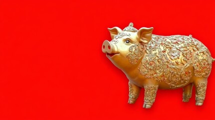 Obraz premium golden pig, solid red background, copy space