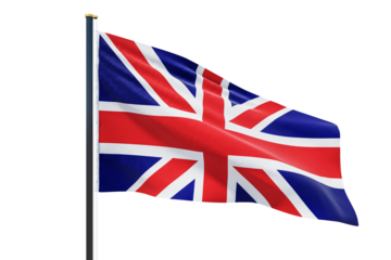 United Kingdom flag waving on a pole, isolated, clean white background, closeup, detailed texture, concept of patriotism and identity. 3D Rendering.