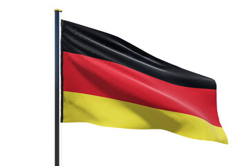 Waving German national flag on a flagpole, isolated against a clean white background, representing patriotism, culture, and identity. 3D Rendering.
