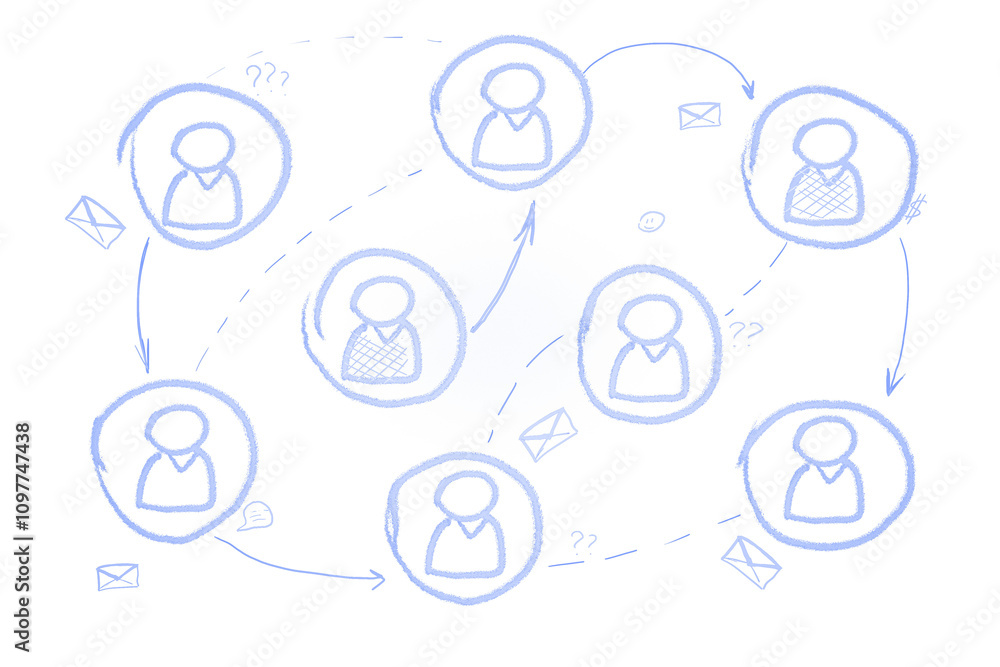 Aufkleber Illustration of person icons linked by arrows and communication symbols, in soft blue lines on white background. Concept of teamwork and networking. 3D Rendering.