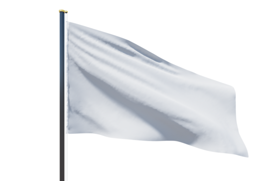 White flag waving on a pole, smooth fabric texture, isolated on a clean white background, concept of peace, surrender, and neutrality. 3D Rendering.