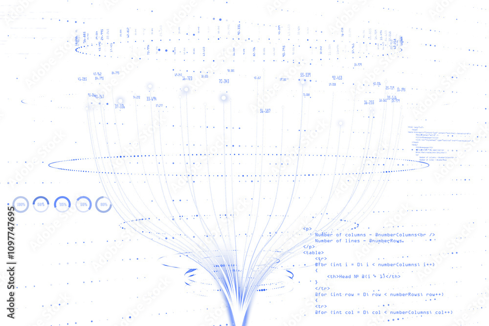 Aufkleber Abstract holographic data visualization with blue lines and dots on white background, representing concepts of big data and analysis. 3D Rendering.