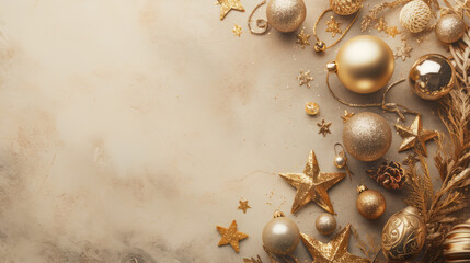 Fototapeta premium A festive New Year background with silver and gold ornaments, glitter stars.