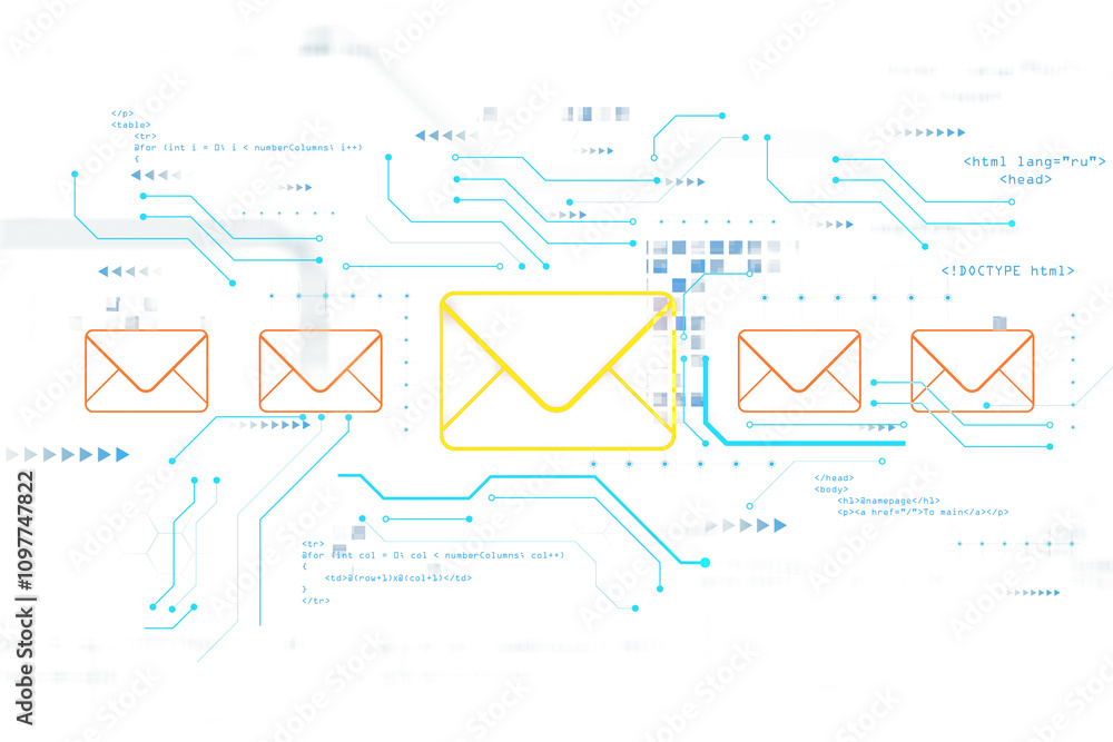 Poster Abstract email icons with a digital circuit design on a white background. Futuristic concept of communication and technology. 3D Rendering.