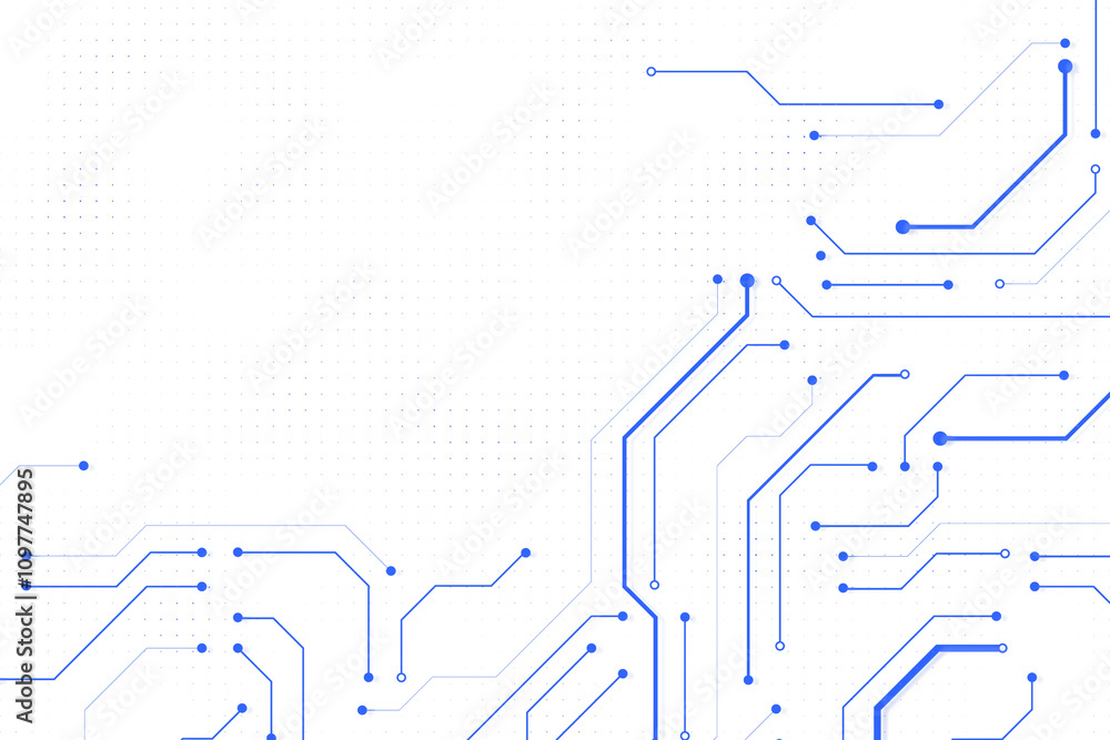 Fototapete blue digital circuit lines with dots on a white background, clean and minimalistic style, representi