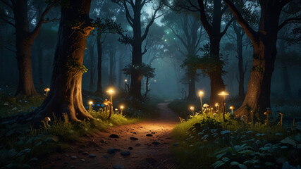 Fototapeta premium forest fantasy with mushrooms light at the night.