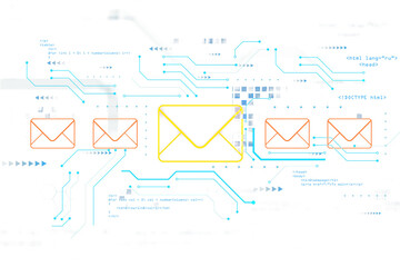 Abstract email icons with a digital circuit design on a white background. Futuristic concept of communication and technology. 3D Rendering.