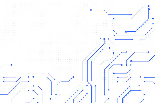Blue digital circuit lines with dots on a white background, clean and minimalistic style, representing technology and virtual connectivity. 3D Rendering.