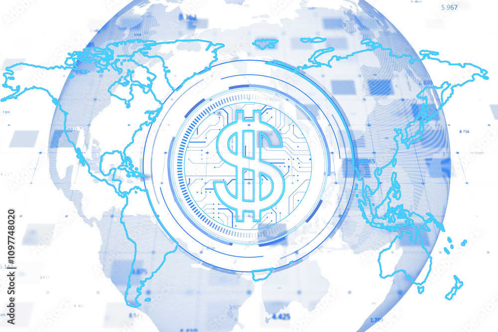 Poster holographic dollar sign overlaying a transparent globe with digital patterns, futuristic design in b