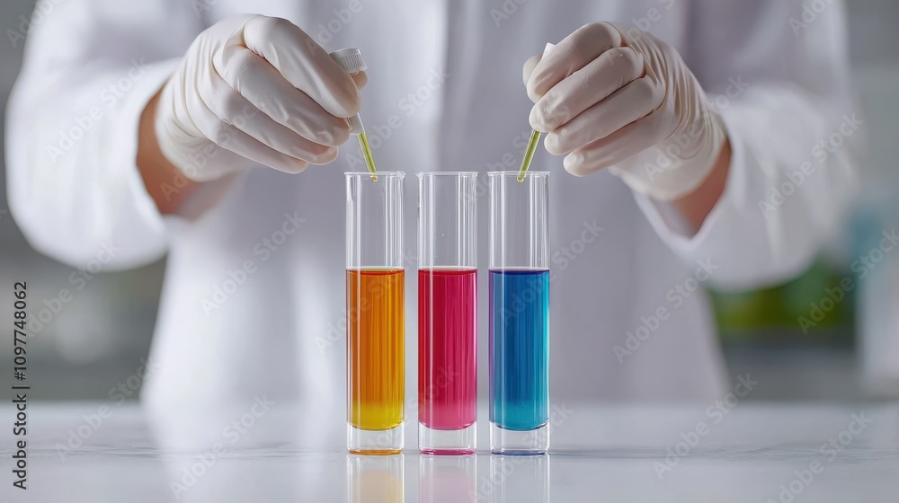 Poster chemist mixing colorful solutions in test tubes laboratory science experiment
