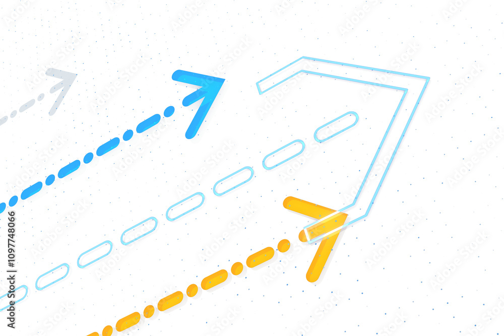 Poster blue and orange dotted arrows with solid outlines on a white background, showcasing a futuristic dig