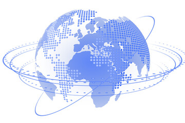 Abstract globe illustration with blue dotted continents and orbit-like circular lines on a white background, concept of digital connectivity. 3D Rendering.