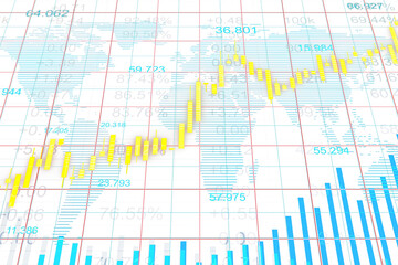 Digital financial chart featuring yellow candlesticks and blue bar graph elements over a global map grid, showcasing economic growth trends. 3D Rendering.