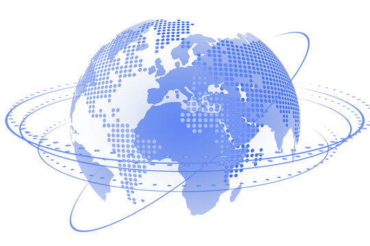 Fototapeta Abstract globe illustration with blue dotted continents and orbit-like circular lines on a white background, concept of digital connectivity. 3D Rendering.