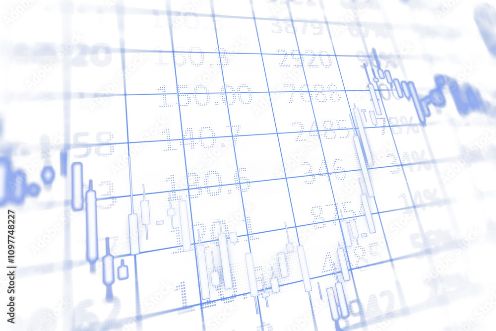 Poster abstract financial chart with candlestick graph lines, blue tones, numerical data, clean design, whi