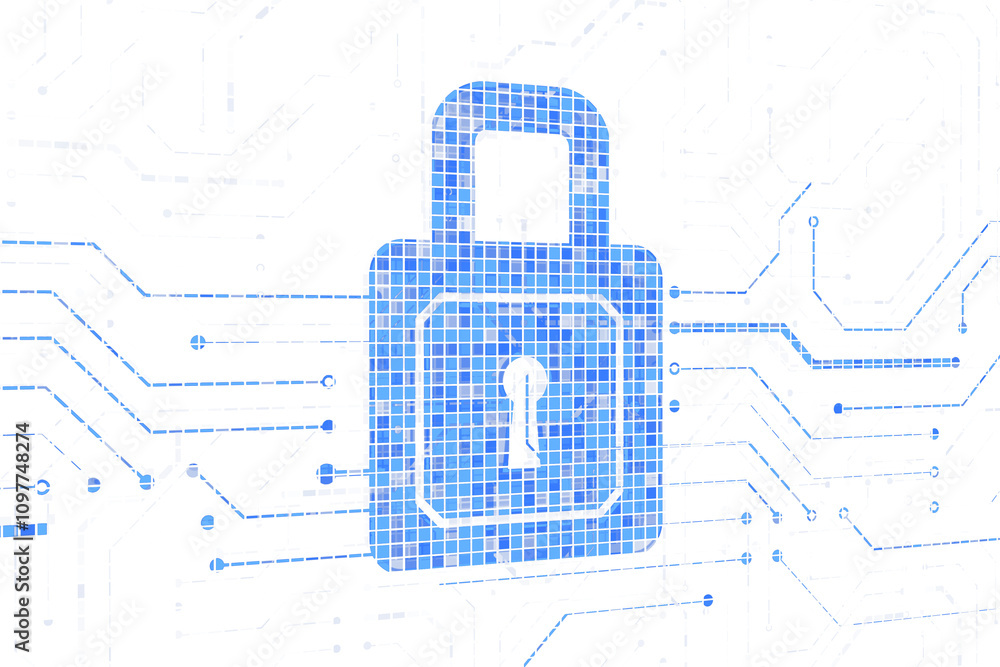 Poster Blue lock icon made of pixel blocks, white background with circuit-like traces, concept of cybersecurity, technology, and data protection. 3D Rendering.