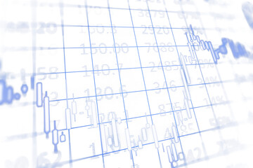 Abstract financial chart with candlestick graph lines, blue tones, numerical data, clean design, white background, concept of finance. 3D Rendering.