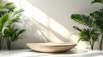 Fototapeta premium Realistic 3D Round Podium Display on Wooden Floor in Bright Background with Green Plants and Soft Shadows for Modern Interior Design